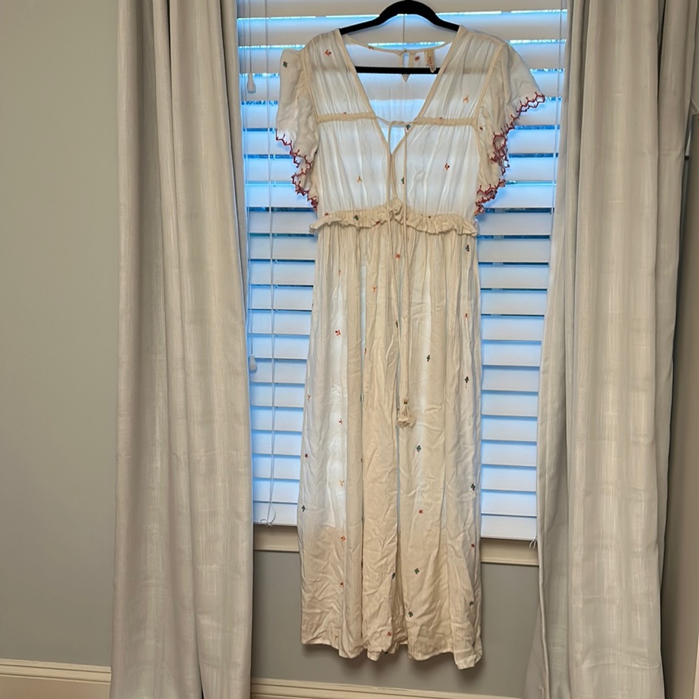 RAGA maxi embroidered deep v neck ruffle sleeve dress